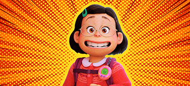 The main character in Turning Red smiles with yellow rays shooting out from behind her.