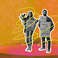 A man and woman stand next to each other holding multiple cardboard boxes labeled with their figurative baggage.