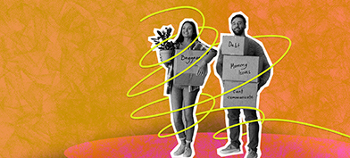 A man and woman stand next to each other holding multiple cardboard boxes labeled with their figurative baggage.