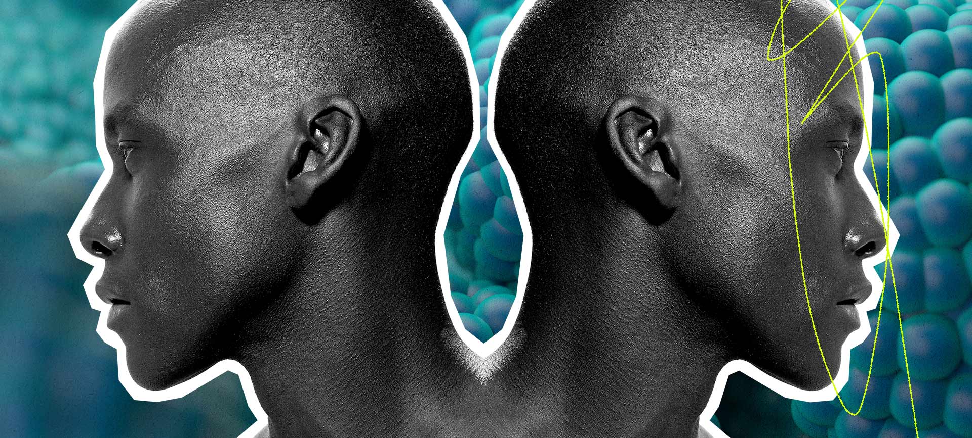 Two male heads stand back to back against a green background.