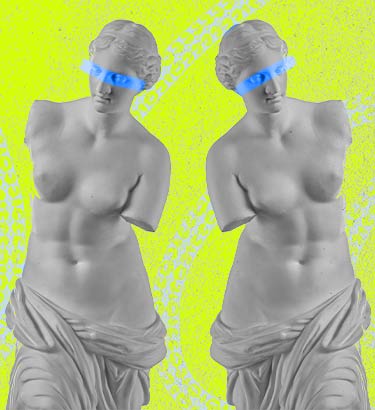 Two Roman statues stand next to each other facing opposite angles against a lime background with treads of DNA.