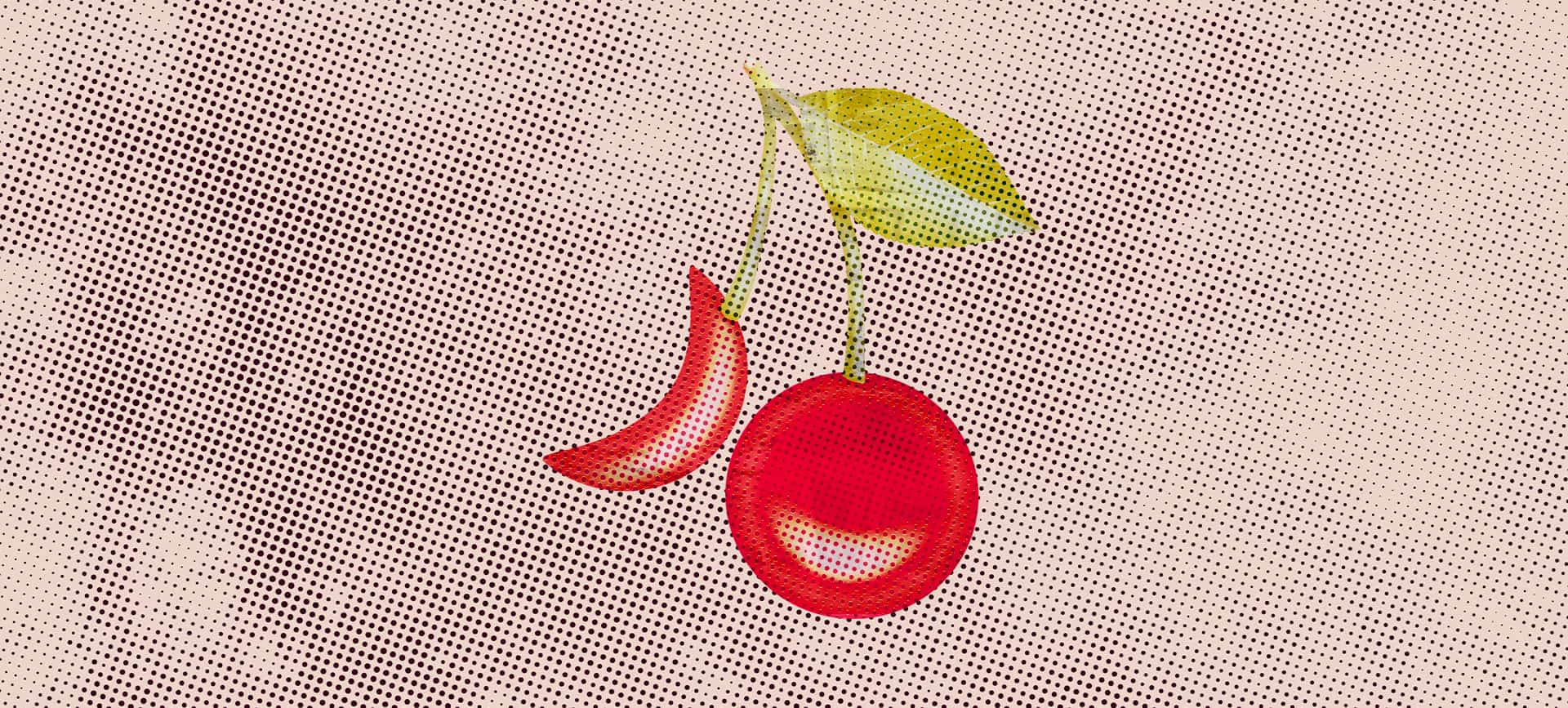 Two cherries hang from a stem but one is sickle-shaped.