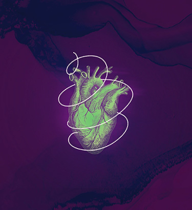 A green and purple heart sits against a purple background with a ribbon of white dots swirling around it.