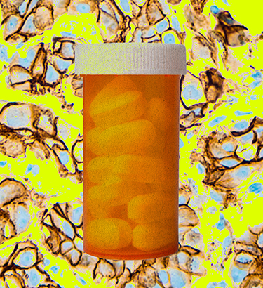 Three bottles of pills are lined up against a yellow and brown pattern of cancer cells.