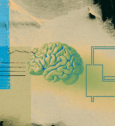 A human brain sits between a prescription form and a sofa against a yellow and blue background.