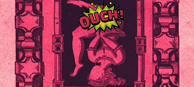 A statue of a woman is on its head with "ouch" written over her crotch and a pink filter over the entire picture.
