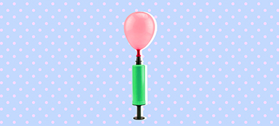 An air pump inflates a pink balloon against a baby blue background with pink dots.