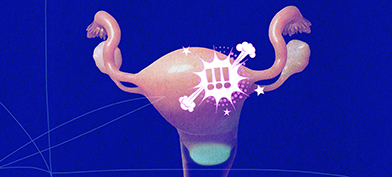 The female reproductive system sits against a blue background as a white cloud with three exclamation points hovers over it.