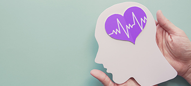 Two hands hold a paper human head which has a purple heart over the brain and a heart beat pulse going through it.