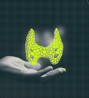 A yellow glowing thyroid gland hovers above an open hand as a dotted overly covers the whole image.