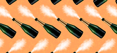 A pattern of champagne bottles are blowing mist instead of liquid against an orange background.