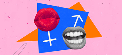 A female gender glyph with kissing lips and a male gender glyph with an toothy smile are against a pink background.