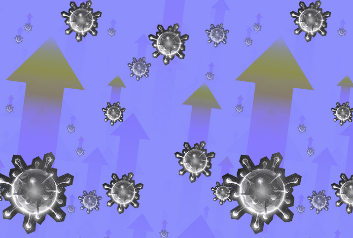 Multiple STD cells are scattered on a purple background and multiple arrows point upwards.