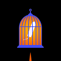 A black silhouette of a female body has a bird cage against the pelvis with a tampon trapped inside.