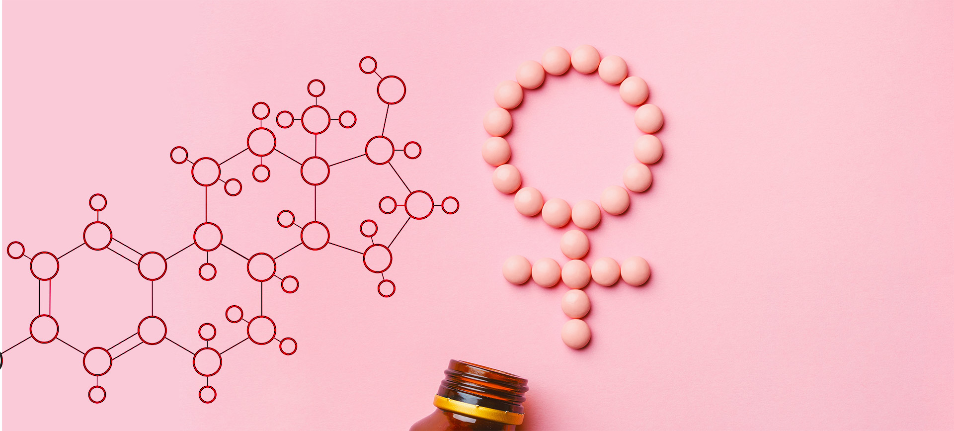 Pink pills form a female glyph next to open open pill bottle and genetic code.