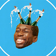 Three champagne bottles protruding from a man's cranium releasing suds.