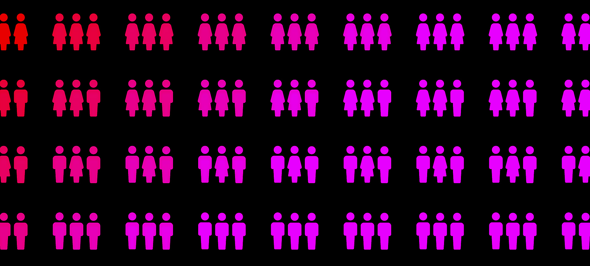 Various combinations of genders are patterned in pink against a black background.