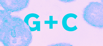 Teal letters G + C are set against a pink background with virus cells around it.