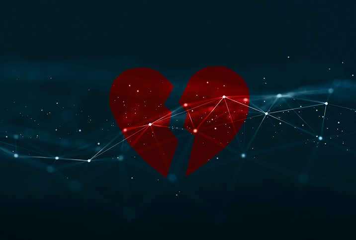 A red heart breaks against a constellation in a dark starry sky.