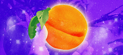 A purple tinted hand holds a brightly glowing orange peach. 