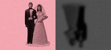 A wedding cake topper with a pink overlay is next to an upside version in a grey overlay.