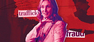 A woman gestures with her hands while she speaks, and the words "trafficking" and "fraud" are written behind her.