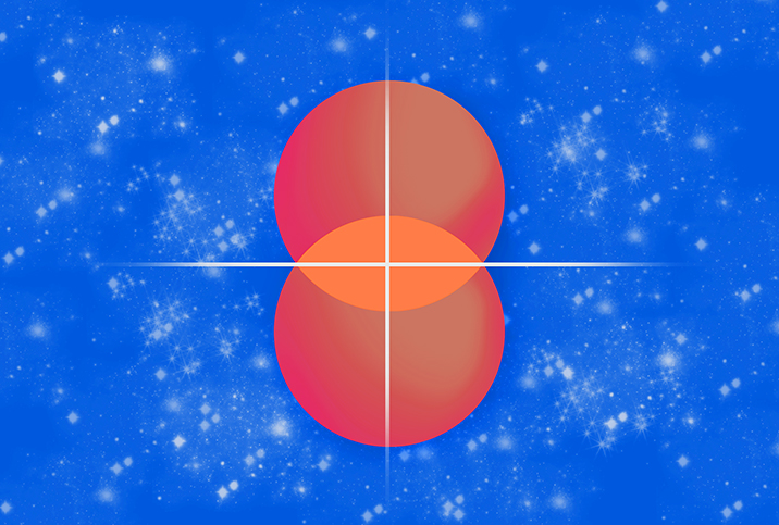 Two orange circles partially overlap with white crosshairs in the middle against a blue background.