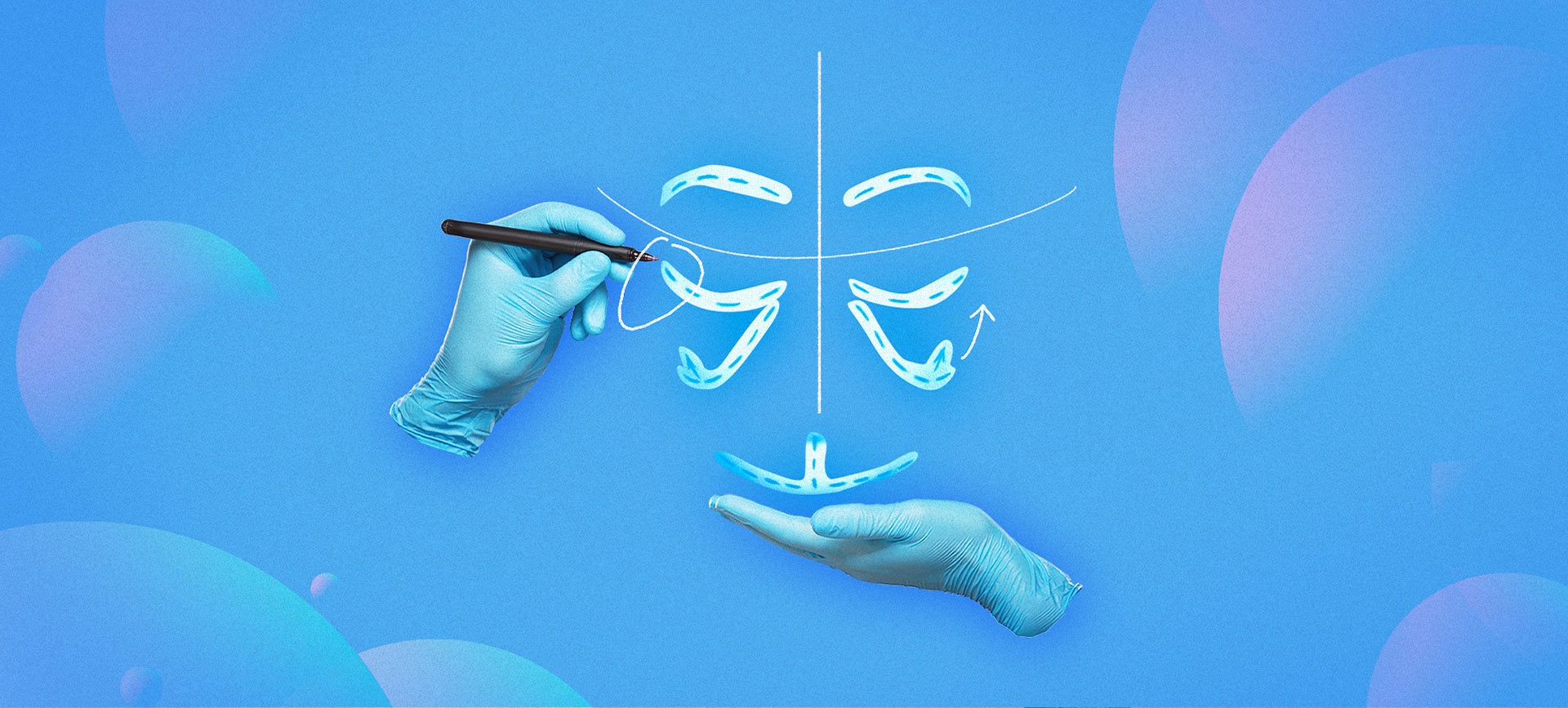 Gloved hands draw lines and incision points on an invisible body against a blue background.