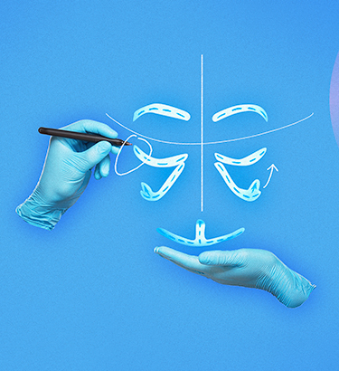 Gloved hands draw lines and incision points on an invisible body against a blue background.