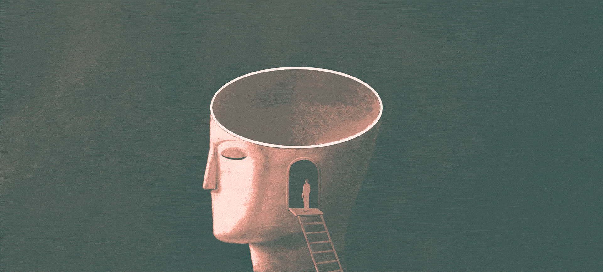 A man stands at the top of a ladder leading into a sculpture of a human head with a pill dropping into it.
