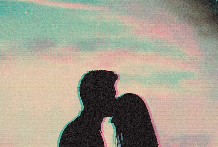 A couple's shadows show the taller person kissing the shorter person's forehead, and both are outlined in pink and blue.