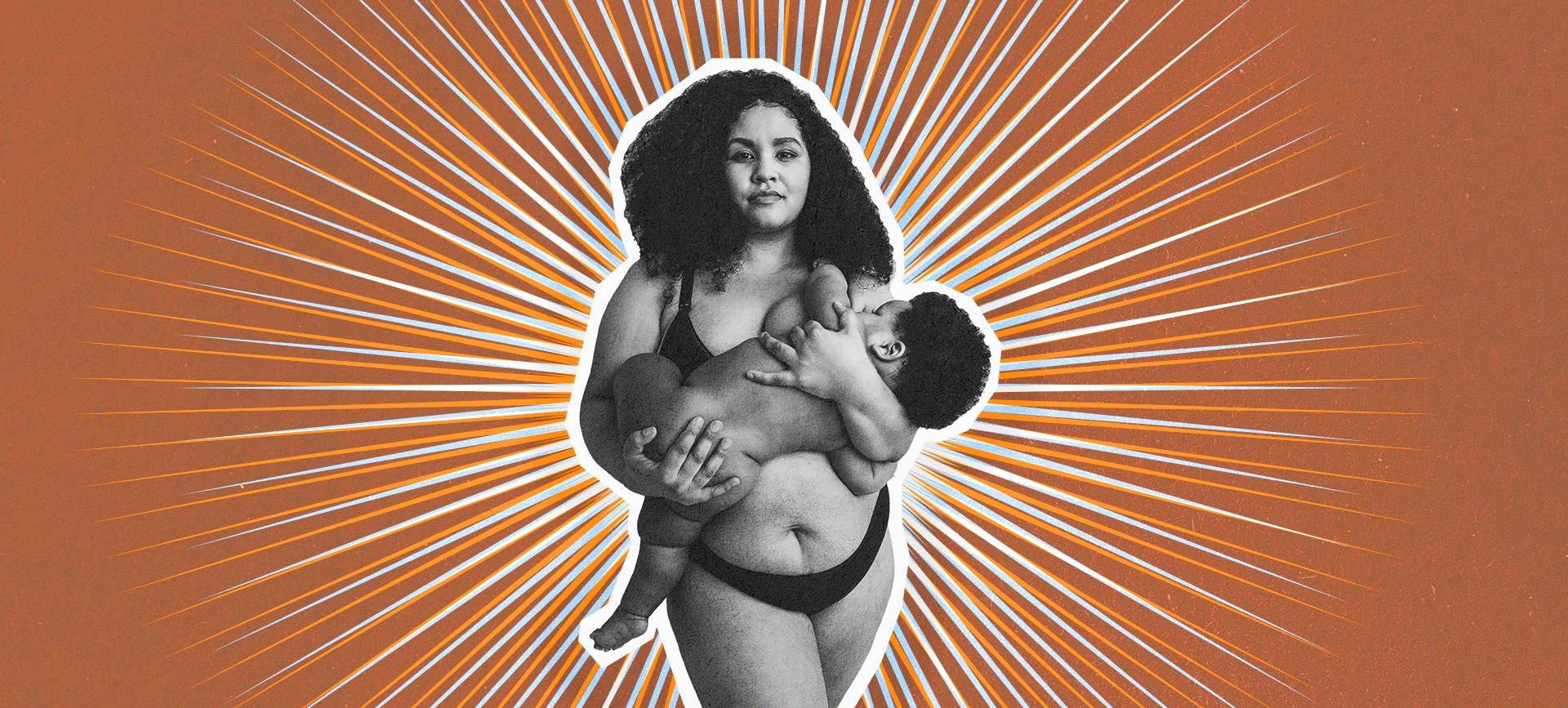 A woman holds her baby against against a brown background.