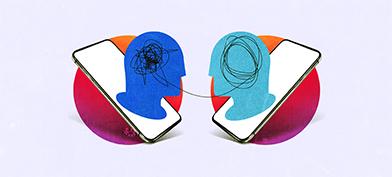 A black line connects two heads as each pop out of a cellphone screen facing each other.