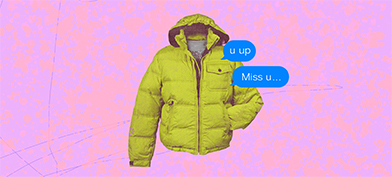 A yellow winter coat with two text chat bubbles on it is against a pink and orange textured background.