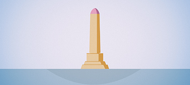 A flesh-colored obelisk monument with a pink tip stands in the middle of a blue surface.