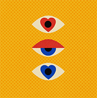 A half-open blue eye is between an eye with a red heart iris above and another with a blue heart iris below against a patterned yellow background.