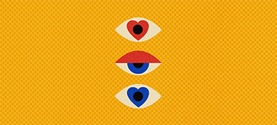 A half-open blue eye is between an eye with a red heart iris above and another with a blue heart iris below against a patterned yellow background.