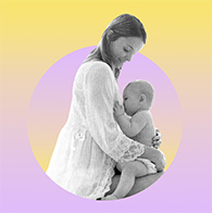 A woman holds her child as it breastfeeds against a yellow and lavender background.