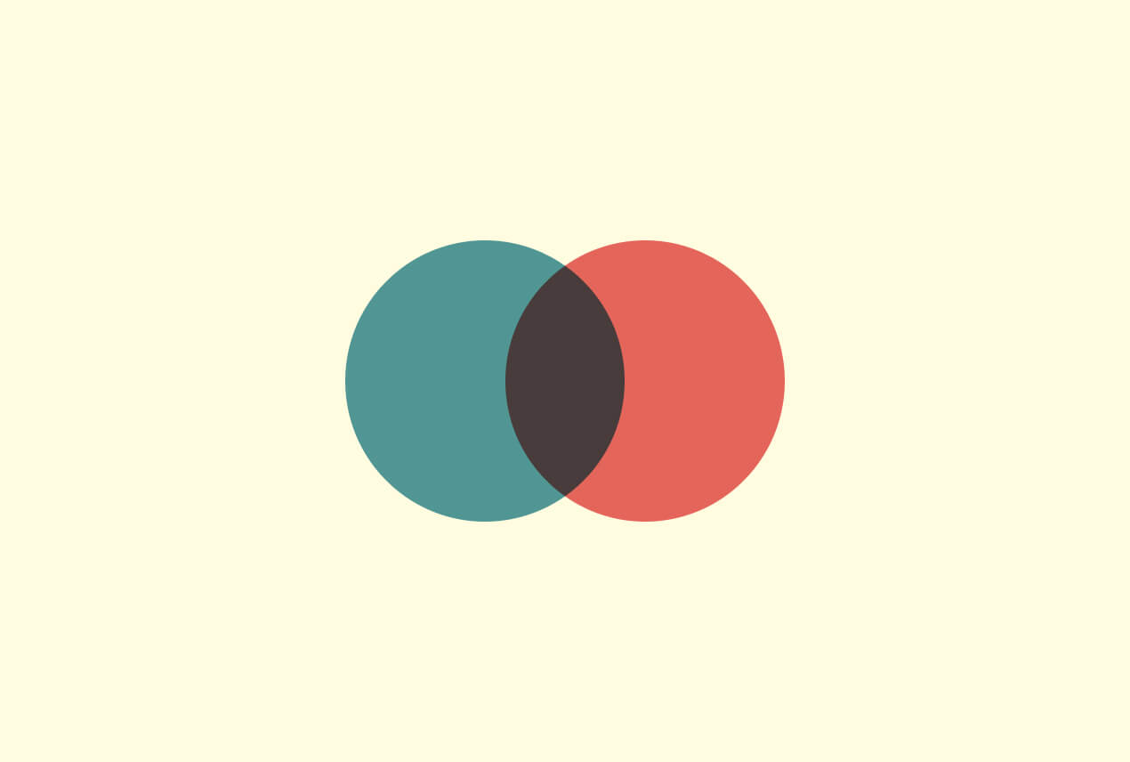 A blue sphere and a red spere overlap slightly to make purple.