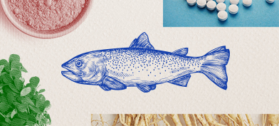 A drawing of a blue fish is surrounded by other printed images, including white pills and green leaves.