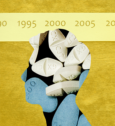 A timeline starting in 1995 and going to 2030 is behind three profiles of heads that are formed from pills and medical needles.