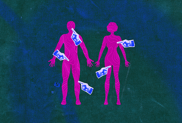 Blue cutouts of a pointing hand are placed at various erogenous zones on purple male and female figures.