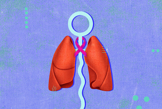 Two red lungs on a purple background have a women's symbol and pink ribbon between them.