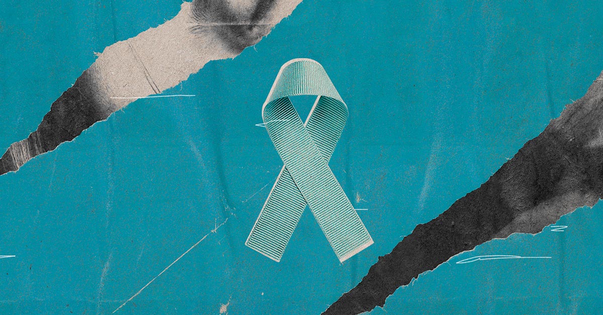 Teal cervical cancer ribbon made of fabric is against a teal background of a torn page.
