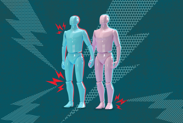 Pink and blue figures stand holding hands with red lightening bolts coming from their joints.
