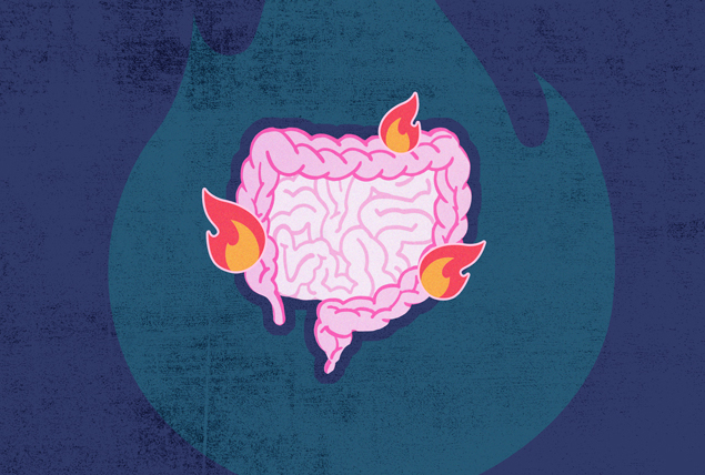 A pink intestinal system has flames on three sides and is the center of a dark green flame.