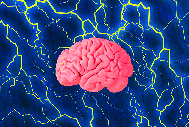 A pink brain is against a blue background full of lightening.
