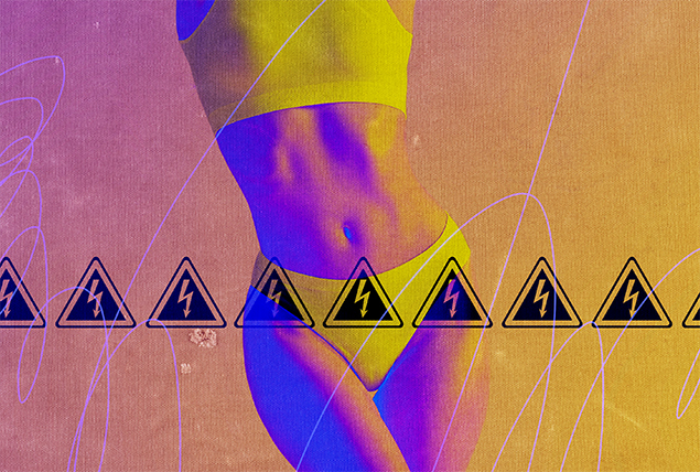 A woman in underwear stands with her body stretched as a row of danger symbols go across her abdomen.