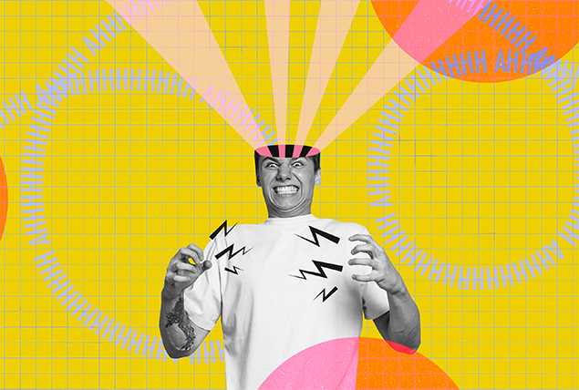 A stressed man grimaces while white beams come out of the top of his head.