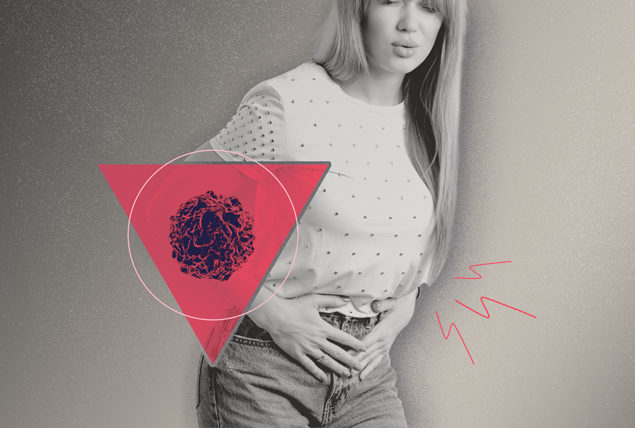 woman in black and white holds her side in pain with pink triangle with a tangled look cell